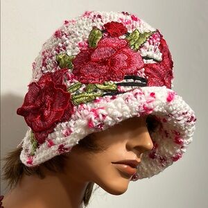 Floral Crochet Hat with Red Accents